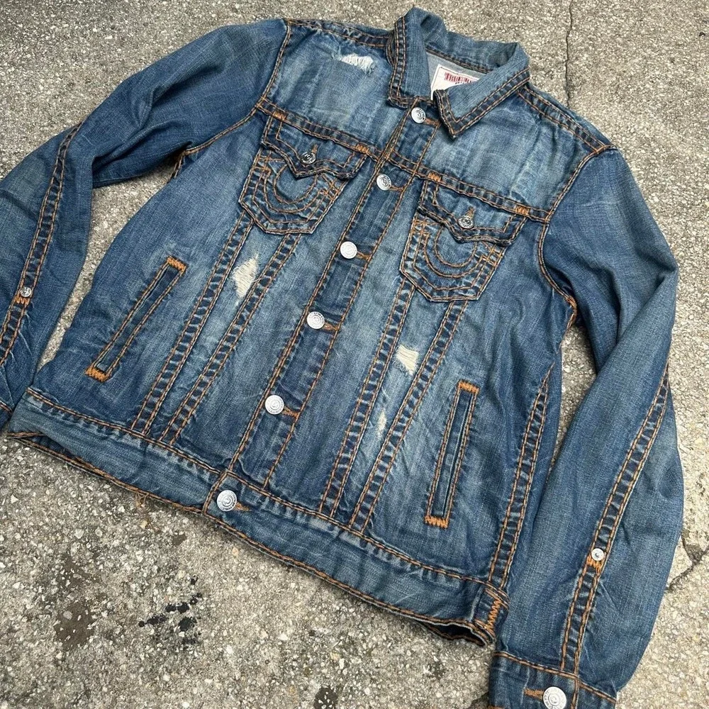 True Religion Jimmy Super T Distressed Denim Trucker Jacket Men's Size Lrg